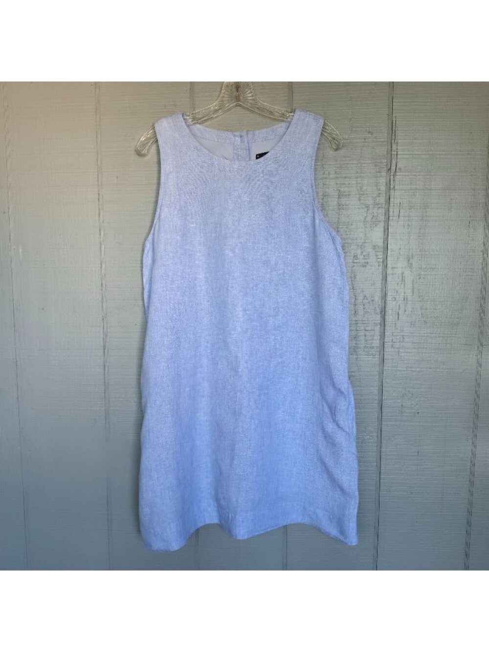 J.Crew 100% Linen Shift Dress Blue Sleeveless Button Back Coastal Summer. Size L
